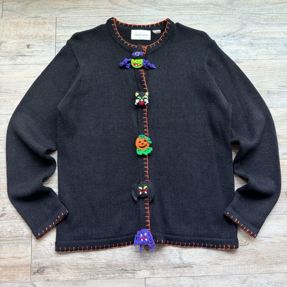 Vintage Halloween Cardigan Sweater Medium Lemon Grass Witch Cat Pumpkin Novelty